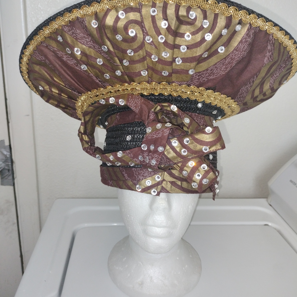 Elegant Brown and Gold African Print  Hat, Matching Top And Pants And Wrislet.